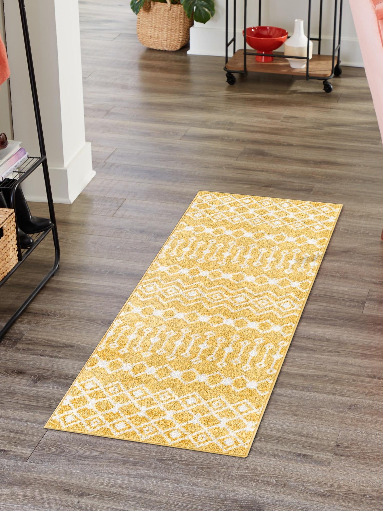 Yellow 3' 3 x 16' 5 Tribal Trellis Runner Area Rug Geometric Southwestern Inspired Durable Carpet for Home Interior Design for Sale at Rug Engine