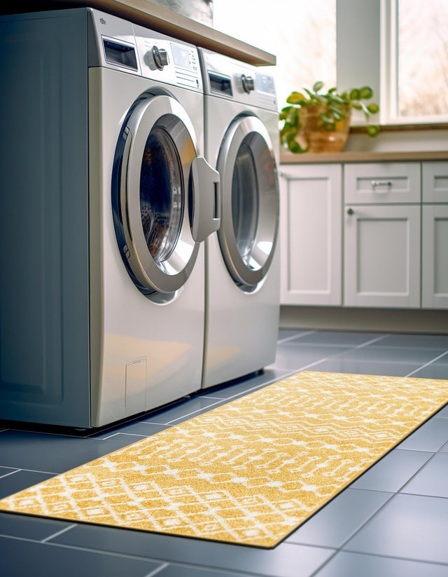 Yellow 2' 7 x 10' Tribal Trellis Runner Area Rug Geometric Southwestern Inspired Durable Carpet for Home Interior Design for Sale at Rug Engine
