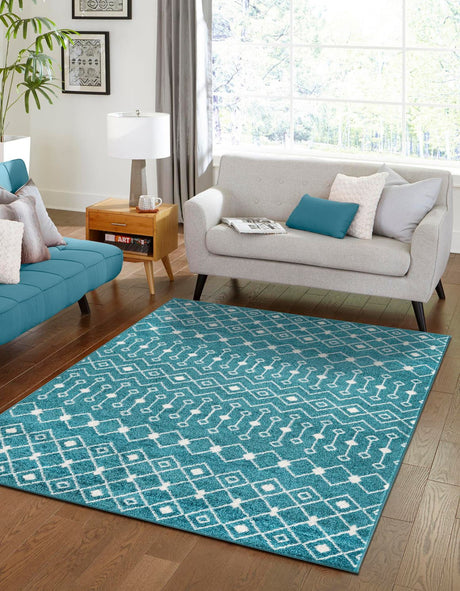 Turquoise 10' 8 x 14' Tribal Trellis Rectangle Area Rug Geometric Southwestern Inspired Durable Carpet for Home Interior Design for Sale at Rug Engine