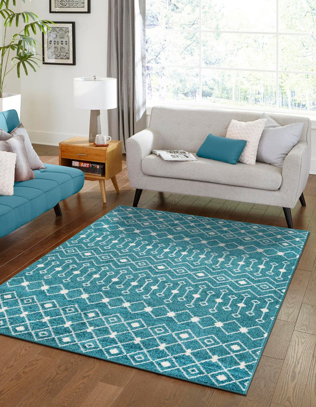 Turquoise 10' 8 x 14' Tribal Trellis Rectangle Area Rug Geometric Southwestern Inspired Durable Carpet for Home Interior Design for Sale at Rug Engine