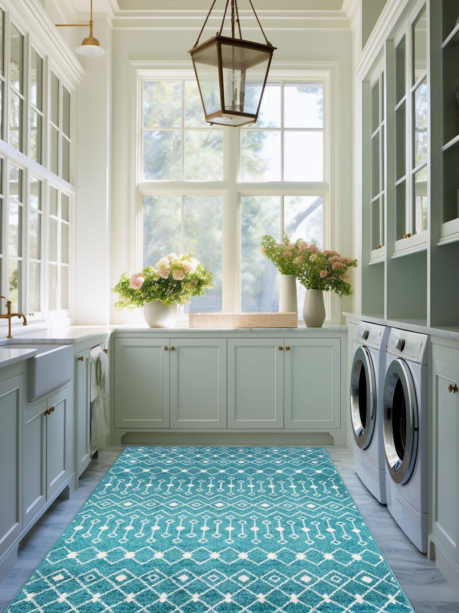 Turquoise 6' x 9' Tribal Trellis Rectangle Area Rug Geometric Southwestern Inspired Durable Carpet for Home Interior Design for Sale at Rug Engine
