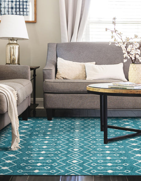 Turquoise 10' 8 x 14' Tribal Trellis Rectangle Area Rug Geometric Southwestern Inspired Durable Carpet for Home Interior Design for Sale at Rug Engine