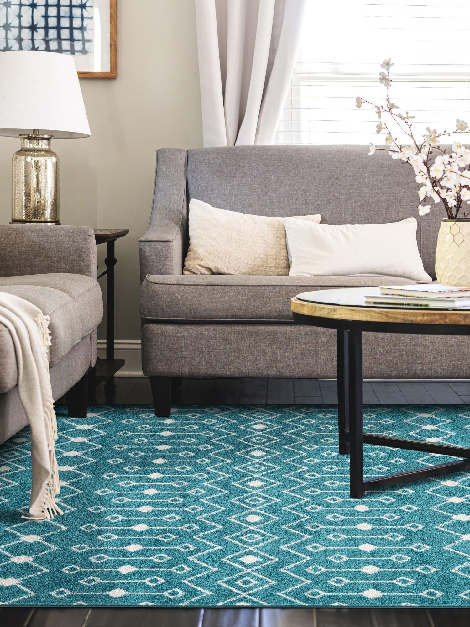 Turquoise 5' 3 x 8' Tribal Trellis Rectangle Area Rug Geometric Southwestern Inspired Durable Carpet for Home Interior Design for Sale at Rug Engine