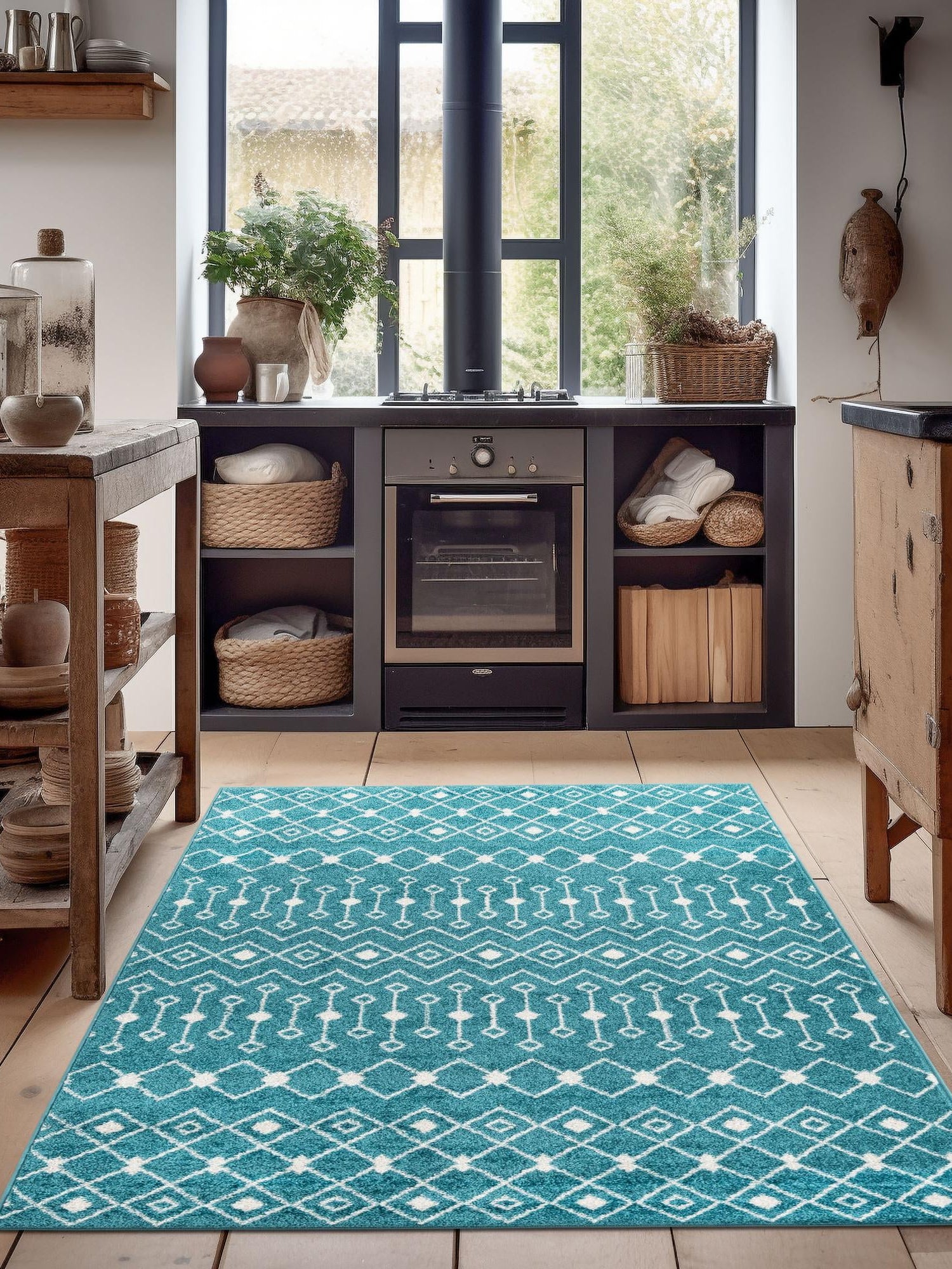 Turquoise 6' x 9' Tribal Trellis Rectangle Area Rug Geometric Southwestern Inspired Durable Carpet for Home Interior Design for Sale at Rug Engine