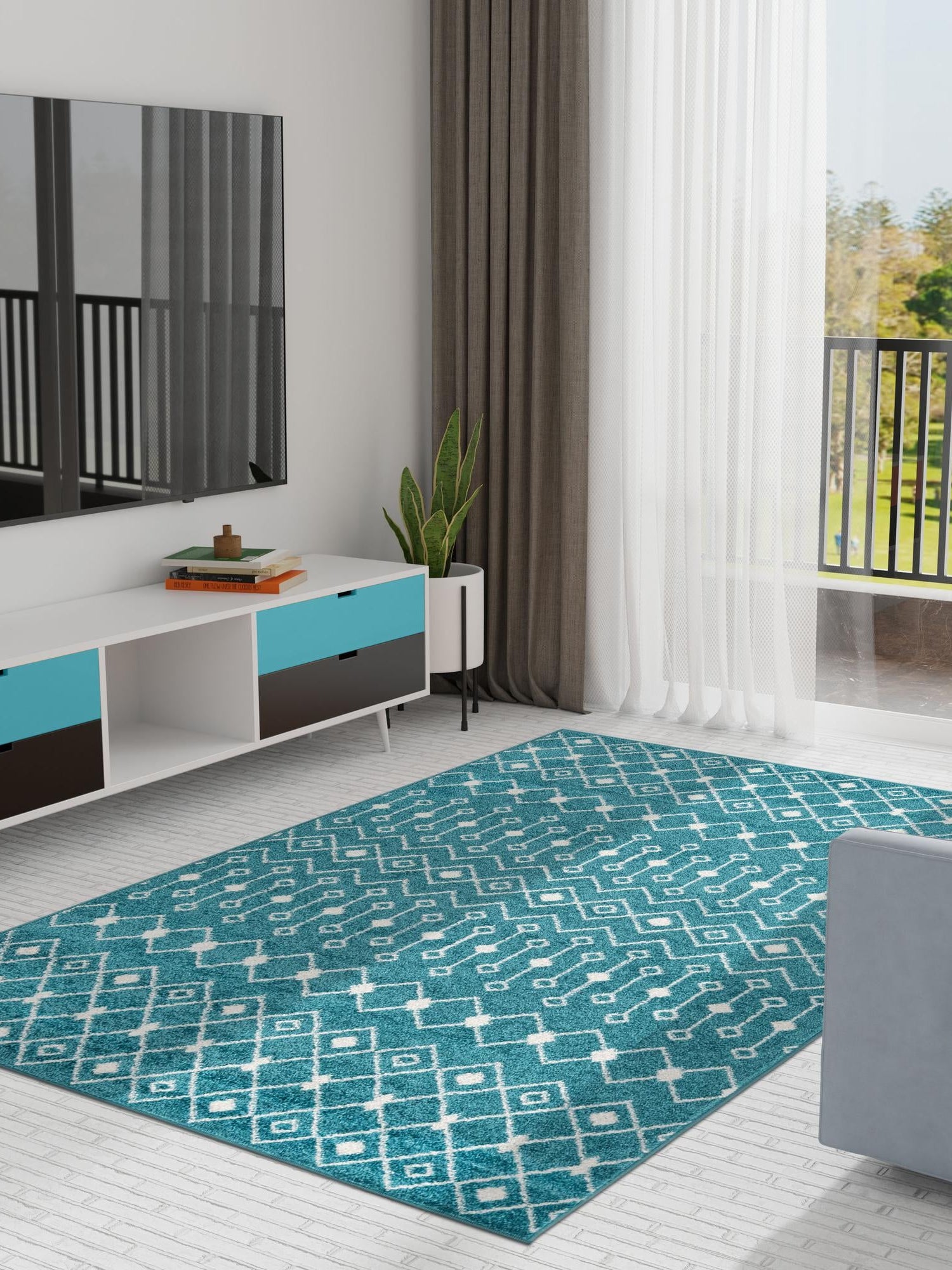 Turquoise 6' x 9' Tribal Trellis Rectangle Area Rug Geometric Southwestern Inspired Durable Carpet for Home Interior Design for Sale at Rug Engine