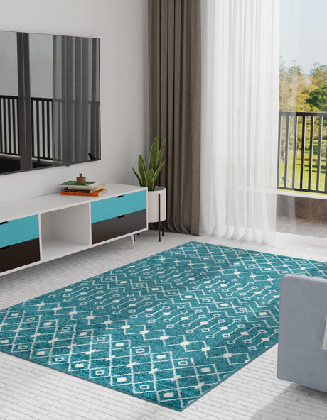 Turquoise 6' x 9' Tribal Trellis Rectangle Area Rug Geometric Southwestern Inspired Durable Carpet for Home Interior Design for Sale at Rug Engine