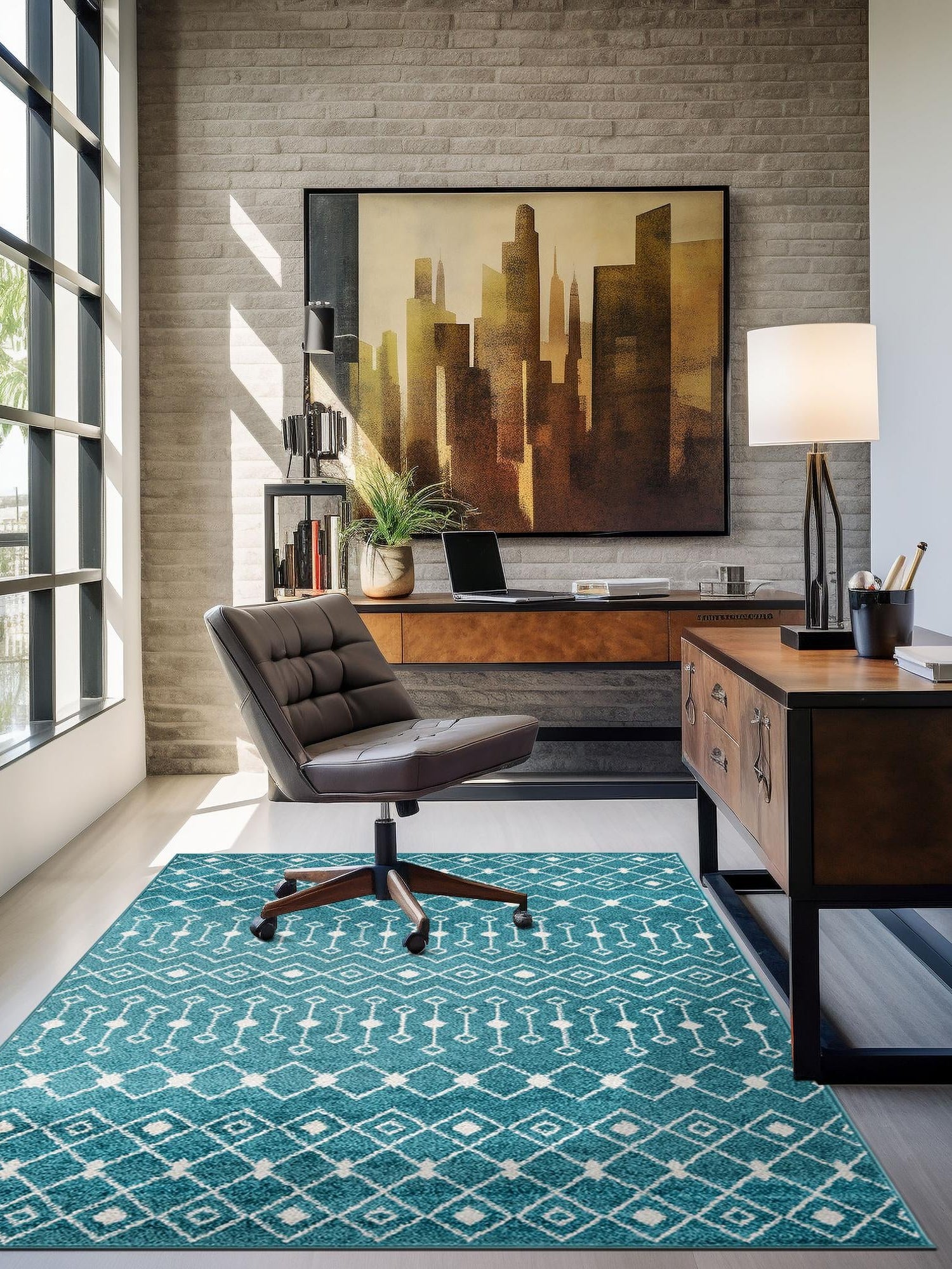 Turquoise 6' x 9' Tribal Trellis Rectangle Area Rug Geometric Southwestern Inspired Durable Carpet for Home Interior Design for Sale at Rug Engine