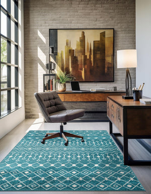 Turquoise 6' x 9' Tribal Trellis Rectangle Area Rug Geometric Southwestern Inspired Durable Carpet for Home Interior Design for Sale at Rug Engine