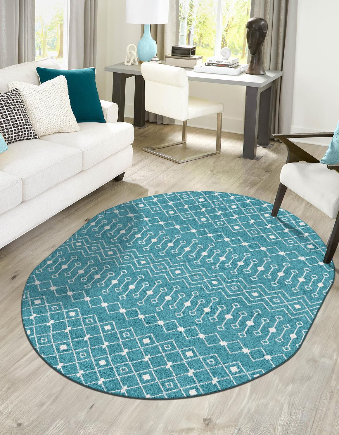 Turquoise 5' 3 x 8' Tribal Trellis Oval Area Rug Geometric Southwestern Inspired Durable Carpet for Home Interior Design for Sale at Rug Engine