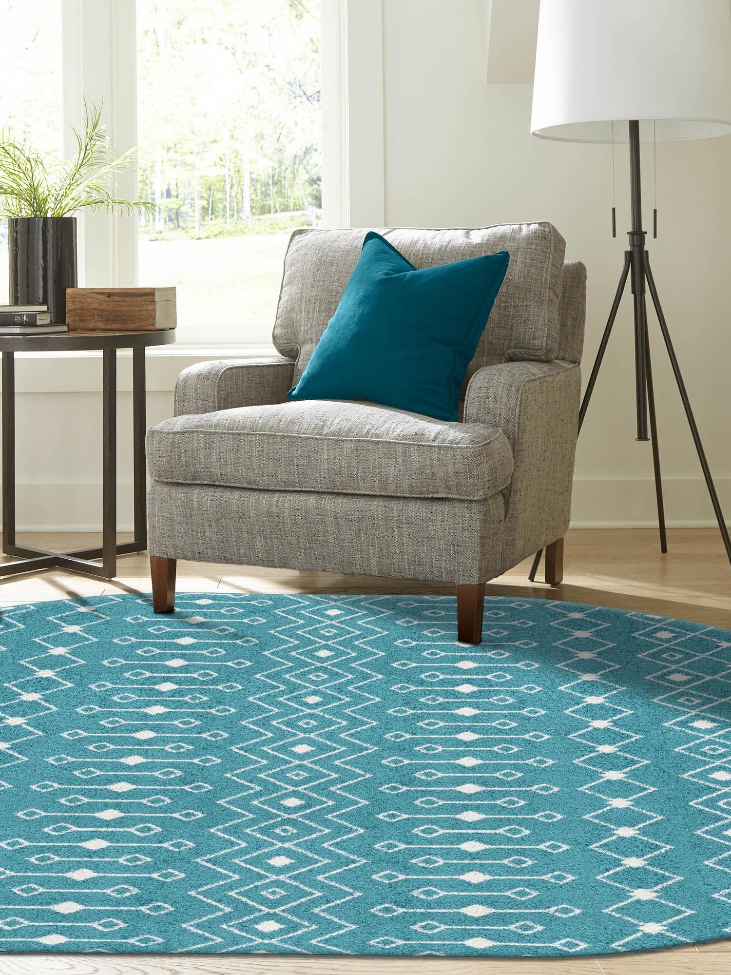 Turquoise 7' 10 x 10' Tribal Trellis Oval Area Rug Geometric Southwestern Inspired Durable Carpet for Home Interior Design for Sale at Rug Engine