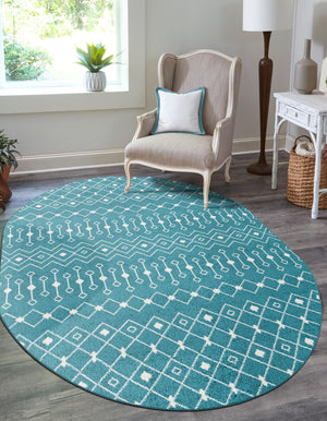 Turquoise 7' 10 x 10' Tribal Trellis Oval Area Rug Geometric Southwestern Inspired Durable Carpet for Home Interior Design for Sale at Rug Engine