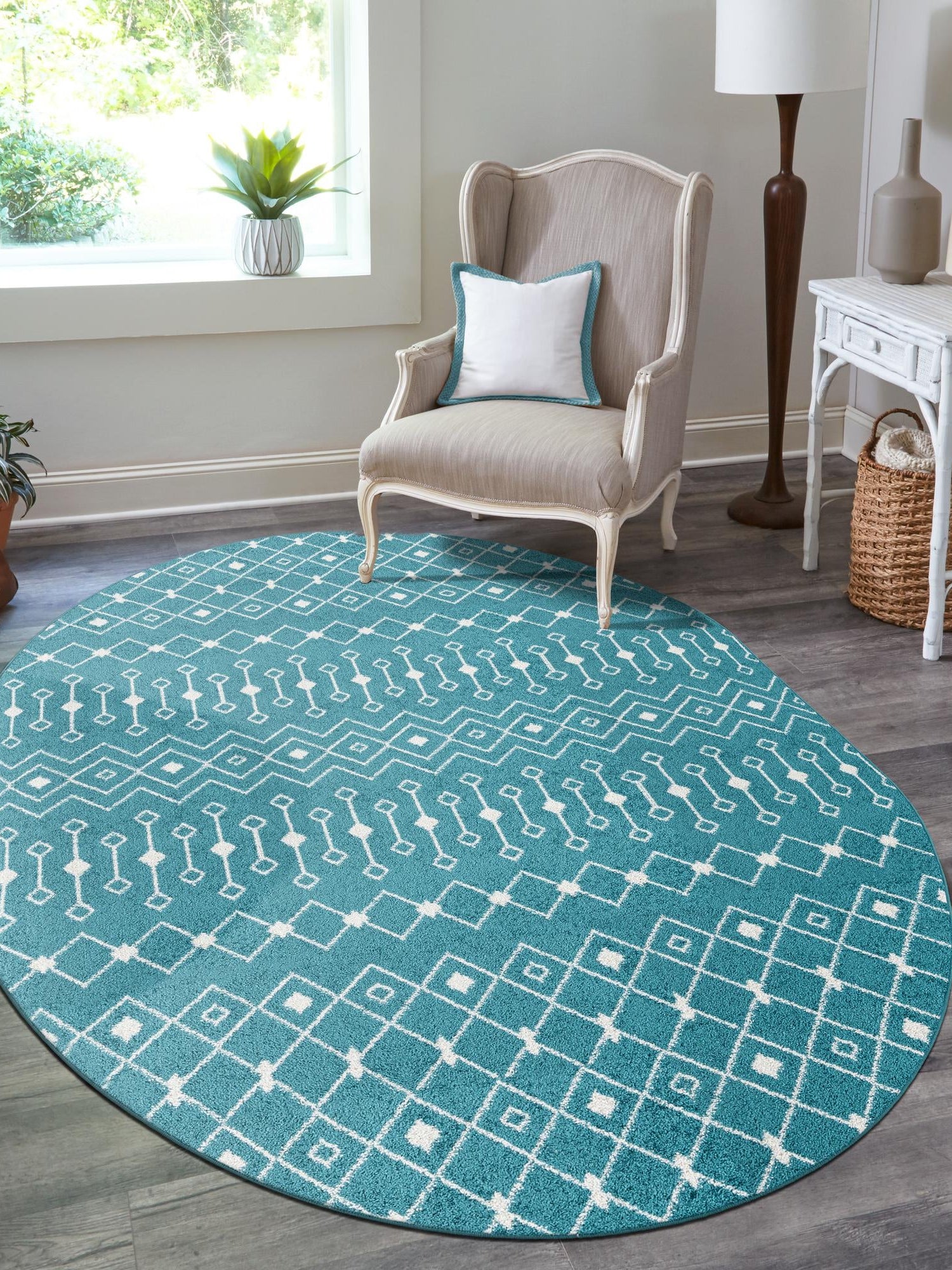 Turquoise 5' 3 x 8' Tribal Trellis Oval Area Rug Geometric Southwestern Inspired Durable Carpet for Home Interior Design for Sale at Rug Engine