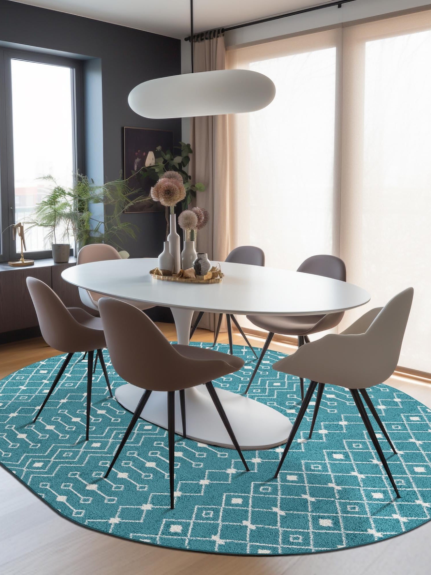 Turquoise 5' 3 x 8' Tribal Trellis Oval Area Rug Geometric Southwestern Inspired Durable Carpet for Home Interior Design for Sale at Rug Engine