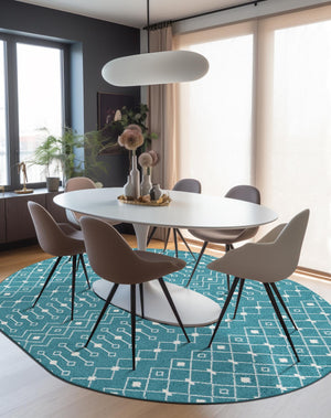 Turquoise 7' 10 x 10' Tribal Trellis Oval Area Rug Geometric Southwestern Inspired Durable Carpet for Home Interior Design for Sale at Rug Engine