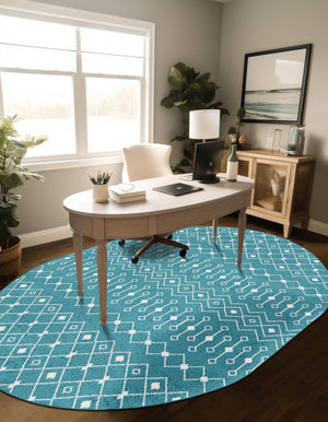 Turquoise 7' 10 x 10' Tribal Trellis Oval Area Rug Geometric Southwestern Inspired Durable Carpet for Home Interior Design for Sale at Rug Engine