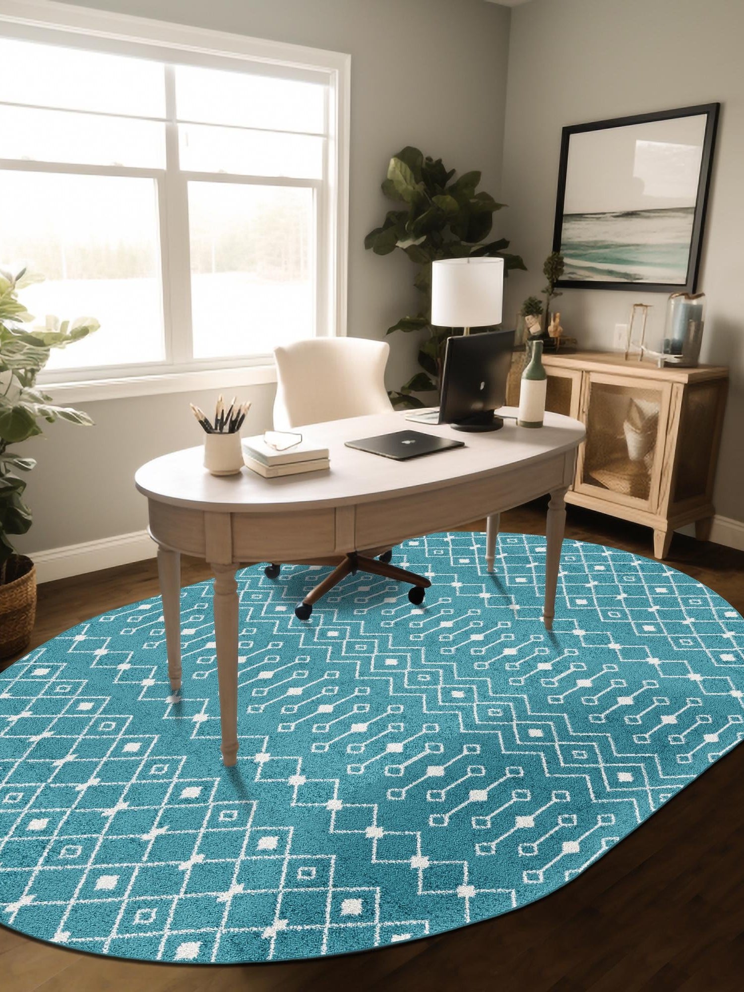 Turquoise 5' 3 x 8' Tribal Trellis Oval Area Rug Geometric Southwestern Inspired Durable Carpet for Home Interior Design for Sale at Rug Engine