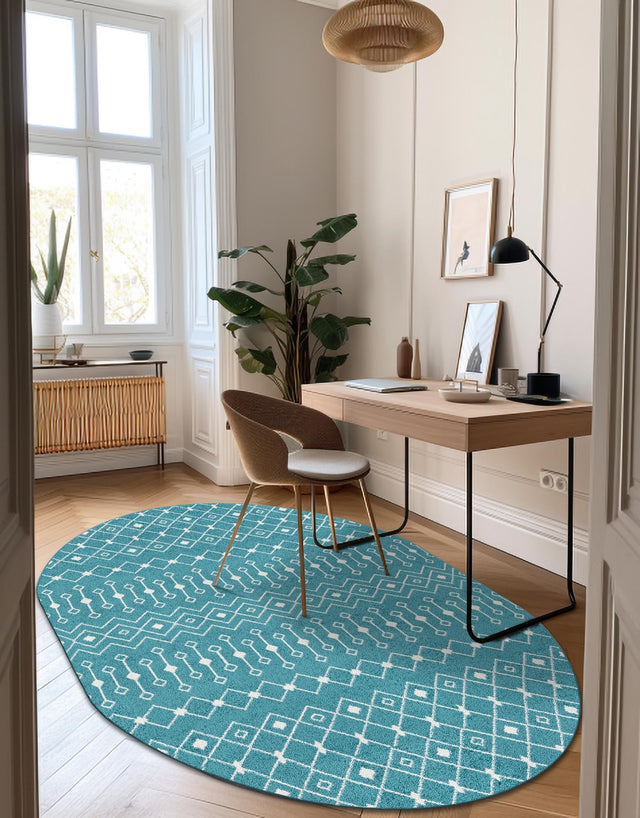 Turquoise 5' 3 x 8' Tribal Trellis Oval Area Rug Geometric Southwestern Inspired Durable Carpet for Home Interior Design for Sale at Rug Engine