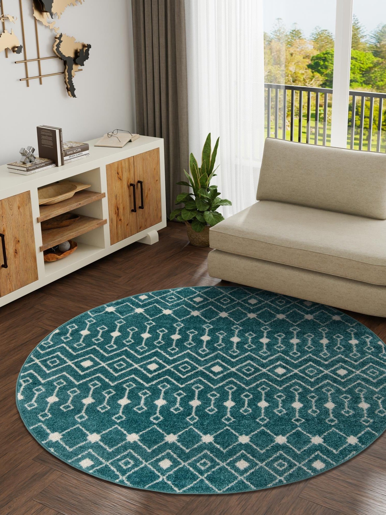 Turquoise 3' 3 x 3' 3 Tribal Trellis Round Area Rug Geometric Southwestern Inspired Durable Carpet for Home Interior Design for Sale at Rug Engine