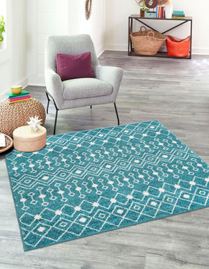 Turquoise 6' x 6' Tribal Trellis Square Area Rug Geometric Southwestern Inspired Durable Carpet for Home Interior Design for Sale at Rug Engine