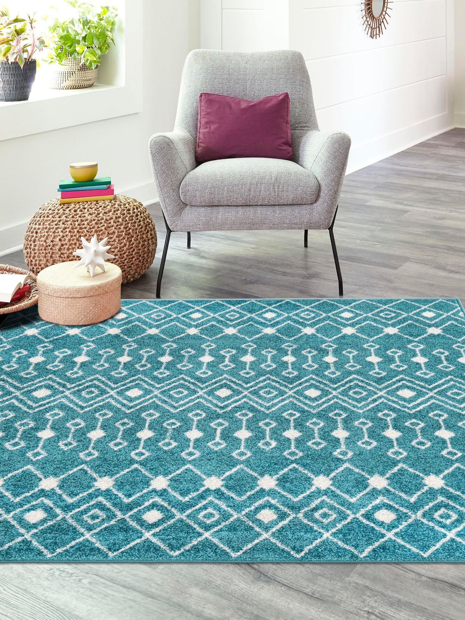 Turquoise 7' 10 x 7' 10 Tribal Trellis Square Area Rug Geometric Southwestern Inspired Durable Carpet for Home Interior Design for Sale at Rug Engine