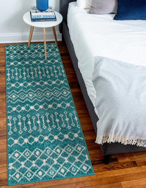 Turquoise 2' 7 x 10' Tribal Trellis Runner Area Rug Geometric Southwestern Inspired Durable Carpet for Home Interior Design for Sale at Rug Engine