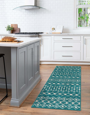 Turquoise 2' 7 x 10' Tribal Trellis Runner Area Rug Geometric Southwestern Inspired Durable Carpet for Home Interior Design for Sale at Rug Engine
