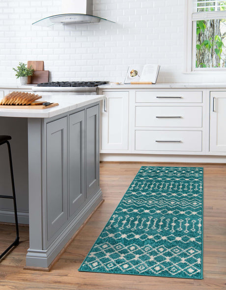 Turquoise 2' 7 x 10' Tribal Trellis Runner Area Rug Geometric Southwestern Inspired Durable Carpet for Home Interior Design for Sale at Rug Engine