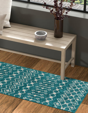 Turquoise 2' 7 x 10' Tribal Trellis Runner Area Rug Geometric Southwestern Inspired Durable Carpet for Home Interior Design for Sale at Rug Engine