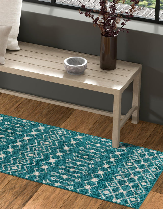 Turquoise 2' 7 x 10' Tribal Trellis Runner Area Rug Geometric Southwestern Inspired Durable Carpet for Home Interior Design for Sale at Rug Engine