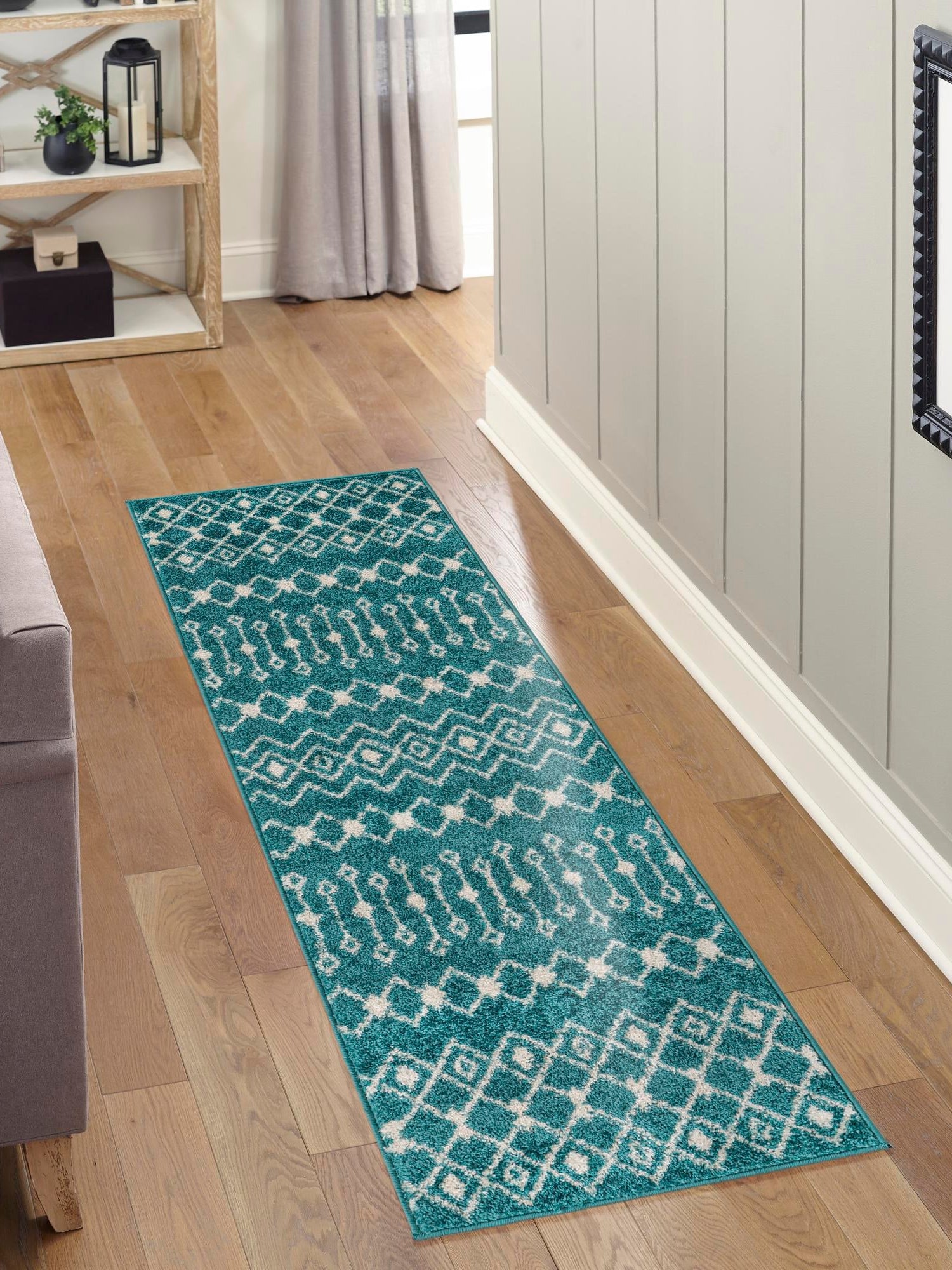 Turquoise 2' 7 x 10' Tribal Trellis Runner Area Rug Geometric Southwestern Inspired Durable Carpet for Home Interior Design for Sale at Rug Engine