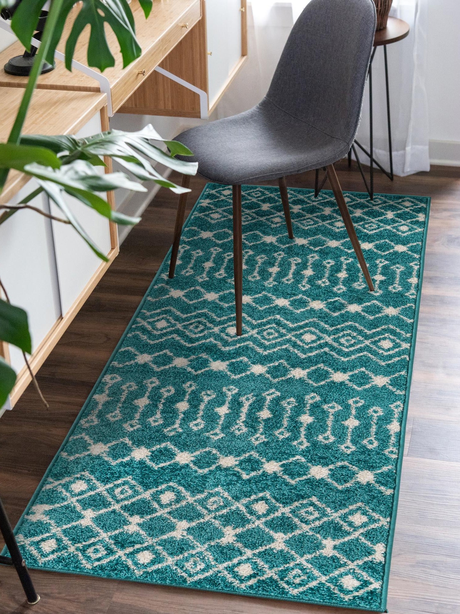 Turquoise 2' 7 x 10' Tribal Trellis Runner Area Rug Geometric Southwestern Inspired Durable Carpet for Home Interior Design for Sale at Rug Engine