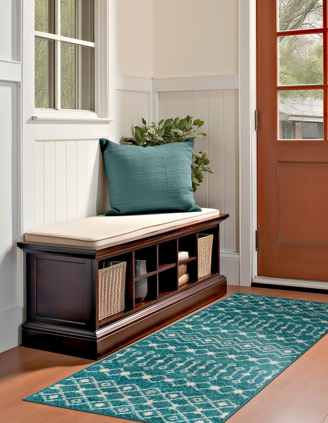 Turquoise 2' x 8' Tribal Trellis Runner Area Rug Geometric Southwestern Inspired Durable Carpet for Home Interior Design for Sale at Rug Engine