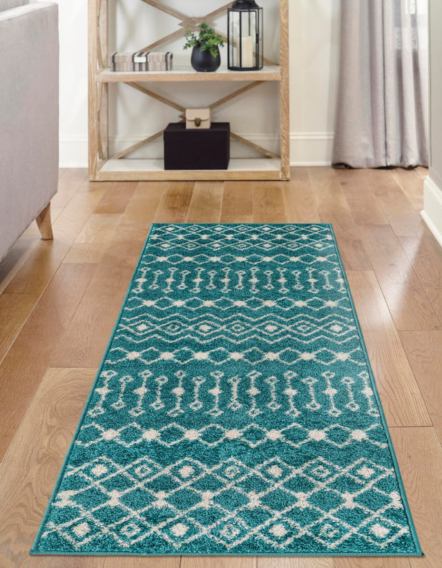 Turquoise 2' x 8' Tribal Trellis Runner Area Rug Geometric Southwestern Inspired Durable Carpet for Home Interior Design for Sale at Rug Engine