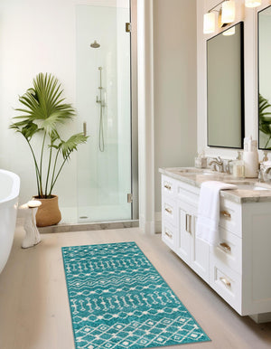 Turquoise 2' x 8' Tribal Trellis Runner Area Rug Geometric Southwestern Inspired Durable Carpet for Home Interior Design for Sale at Rug Engine