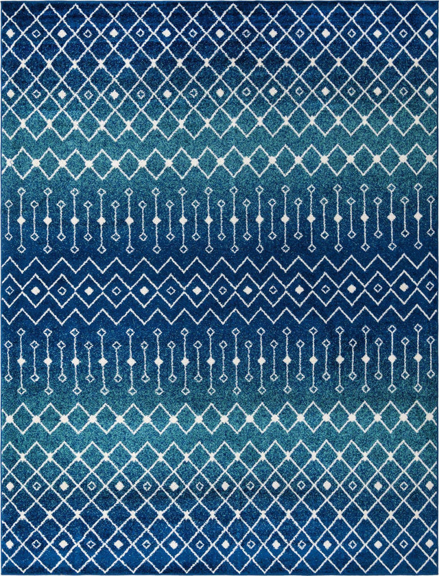 Navy and Teal 10' 8 x 14' Tribal Trellis Rectangle Area Rug Geometric Southwestern Inspired Durable Carpet for Home Interior Design for Sale at Rug Engine