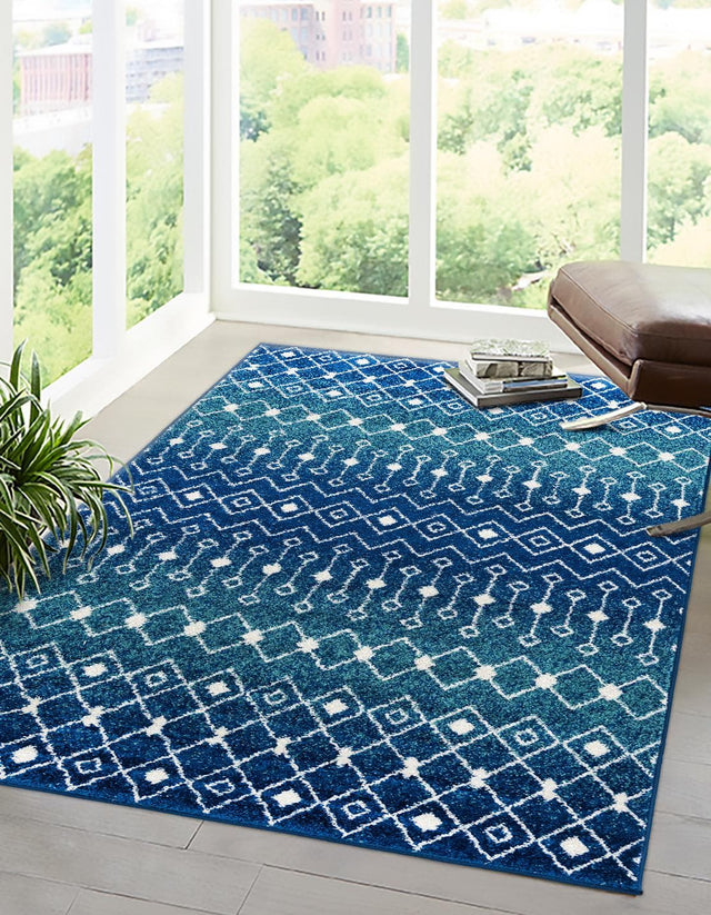 Navy and Teal 4' 1 x 6' 1 Tribal Trellis Rectangle Area Rug Geometric Southwestern Inspired Durable Carpet for Home Interior Design for Sale at Rug Engine
