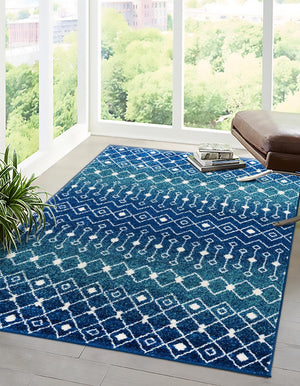 Navy and Teal 2' x 3' 1 Tribal Trellis Rectangle Area Rug Geometric Southwestern Inspired Durable Carpet for Home Interior Design for Sale at Rug Engine