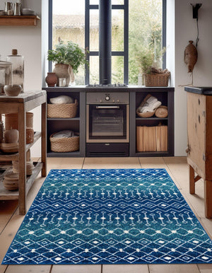 Navy and Teal 4' 1 x 6' 1 Tribal Trellis Rectangle Area Rug Geometric Southwestern Inspired Durable Carpet for Home Interior Design for Sale at Rug Engine