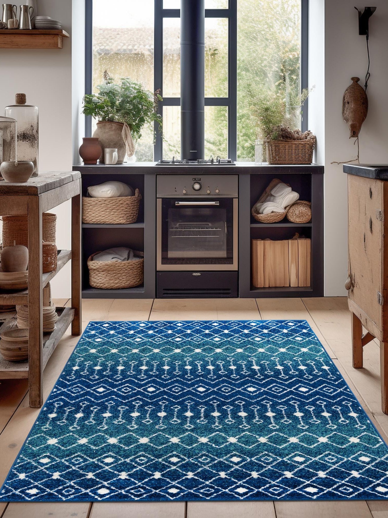 Navy and Teal 5' 3 x 8' Tribal Trellis Rectangle Area Rug Geometric Southwestern Inspired Durable Carpet for Home Interior Design for Sale at Rug Engine