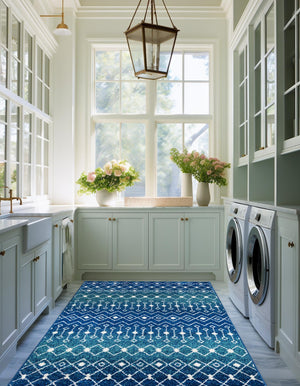 Navy and Teal 9' x 12' Tribal Trellis Rectangle Area Rug Geometric Southwestern Inspired Durable Carpet for Home Interior Design for Sale at Rug Engine