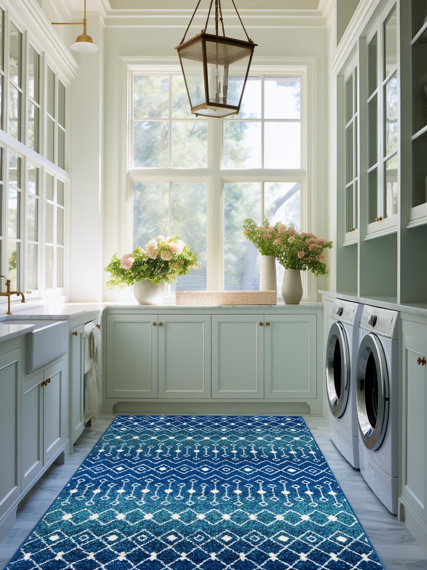 Navy and Teal 10' 8 x 14' Tribal Trellis Rectangle Area Rug Geometric Southwestern Inspired Durable Carpet for Home Interior Design for Sale at Rug Engine