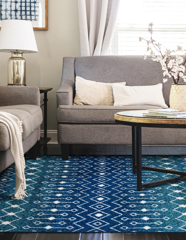 Navy and Teal 9' x 12' Tribal Trellis Rectangle Area Rug Geometric Southwestern Inspired Durable Carpet for Home Interior Design for Sale at Rug Engine