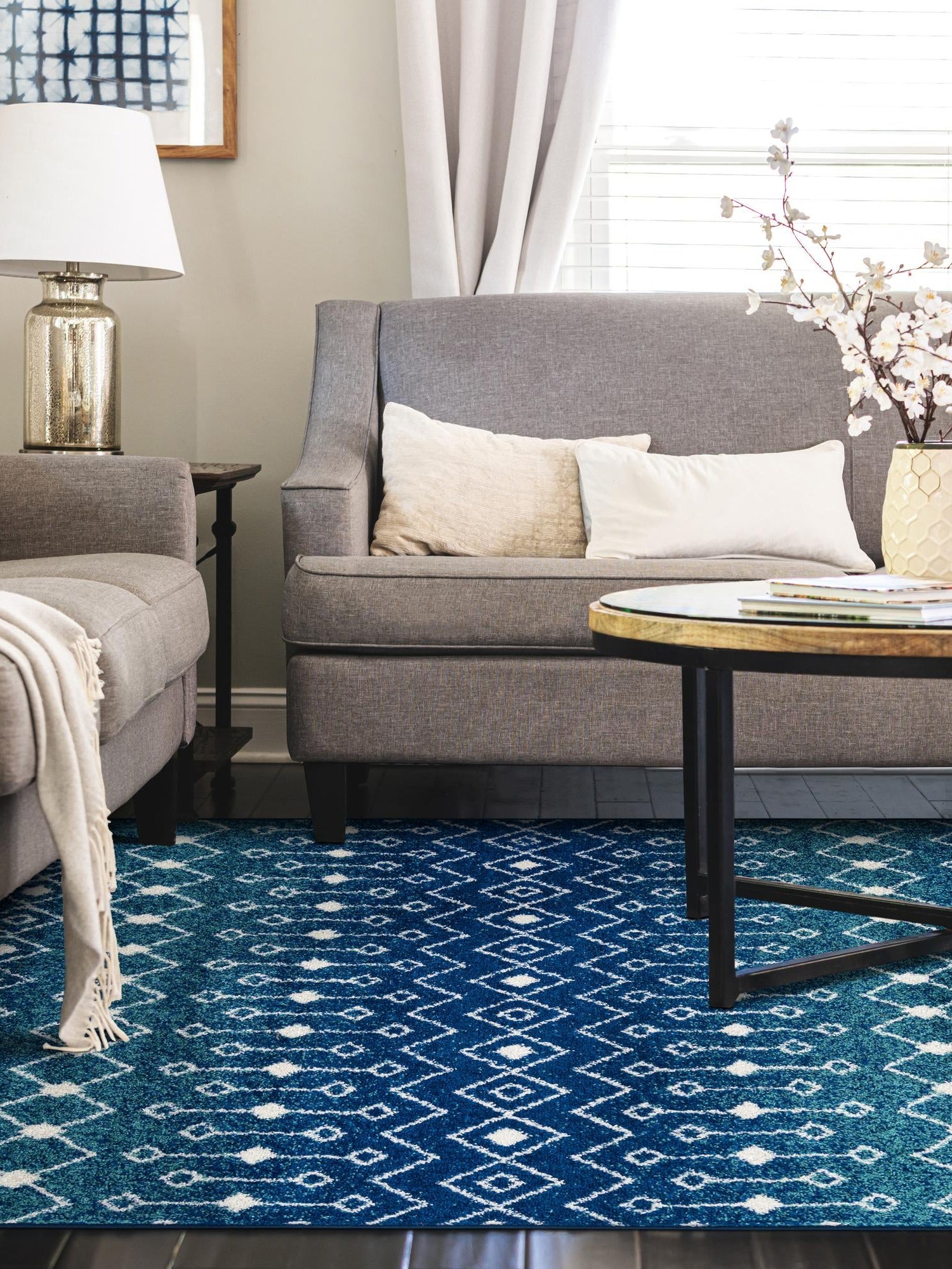 Navy and Teal 10' x 13' 1 Tribal Trellis Rectangle Area Rug Geometric Southwestern Inspired Durable Carpet for Home Interior Design for Sale at Rug Engine