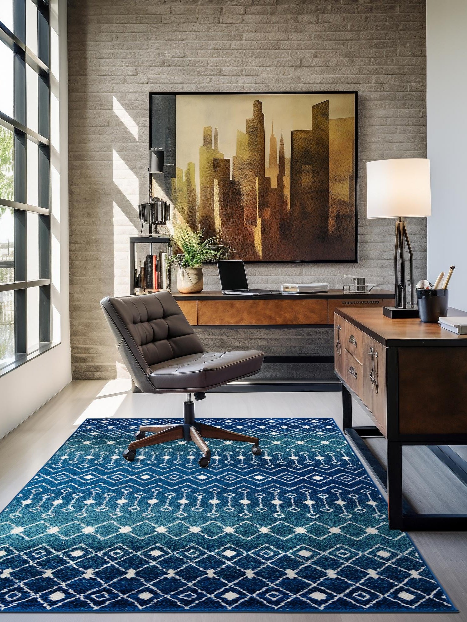 Navy and Teal 10' x 13' 1 Tribal Trellis Rectangle Area Rug Geometric Southwestern Inspired Durable Carpet for Home Interior Design for Sale at Rug Engine