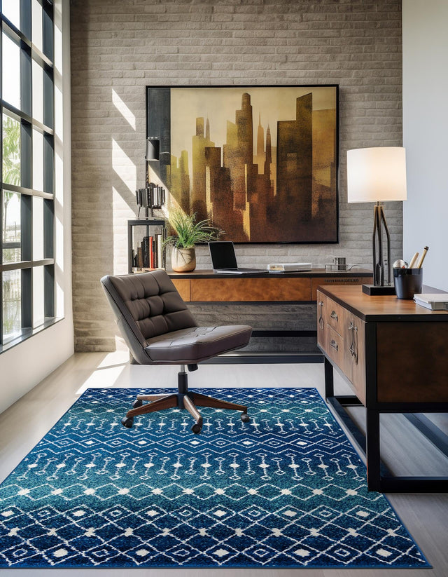 Navy and Teal 10' 8 x 14' Tribal Trellis Rectangle Area Rug Geometric Southwestern Inspired Durable Carpet for Home Interior Design for Sale at Rug Engine
