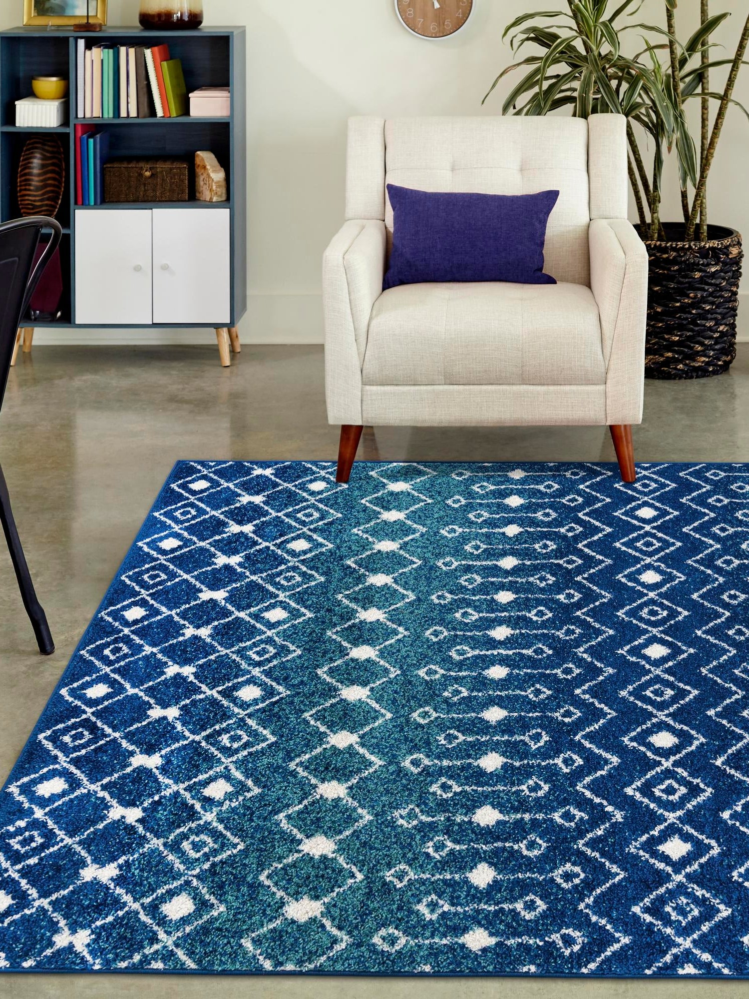 Navy and Teal 6' 1 x 9' Tribal Trellis Rectangle Area Rug Geometric Southwestern Inspired Durable Carpet for Home Interior Design for Sale at Rug Engine