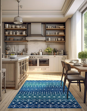 Navy and Teal 7' 10 x 10' Tribal Trellis Rectangle Area Rug Geometric Southwestern Inspired Durable Carpet for Home Interior Design for Sale at Rug Engine