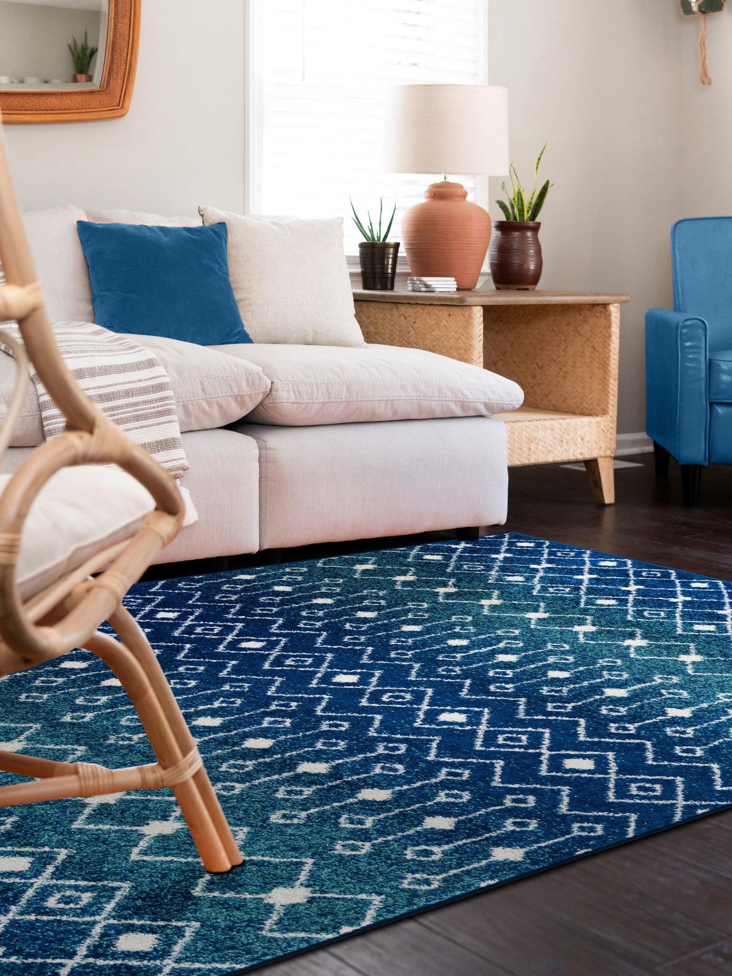 Navy and Teal 6' 1 x 9' Tribal Trellis Rectangle Area Rug Geometric Southwestern Inspired Durable Carpet for Home Interior Design for Sale at Rug Engine