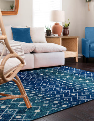 Navy and Teal 6' 1 x 9' Tribal Trellis Rectangle Area Rug Geometric Southwestern Inspired Durable Carpet for Home Interior Design for Sale at Rug Engine