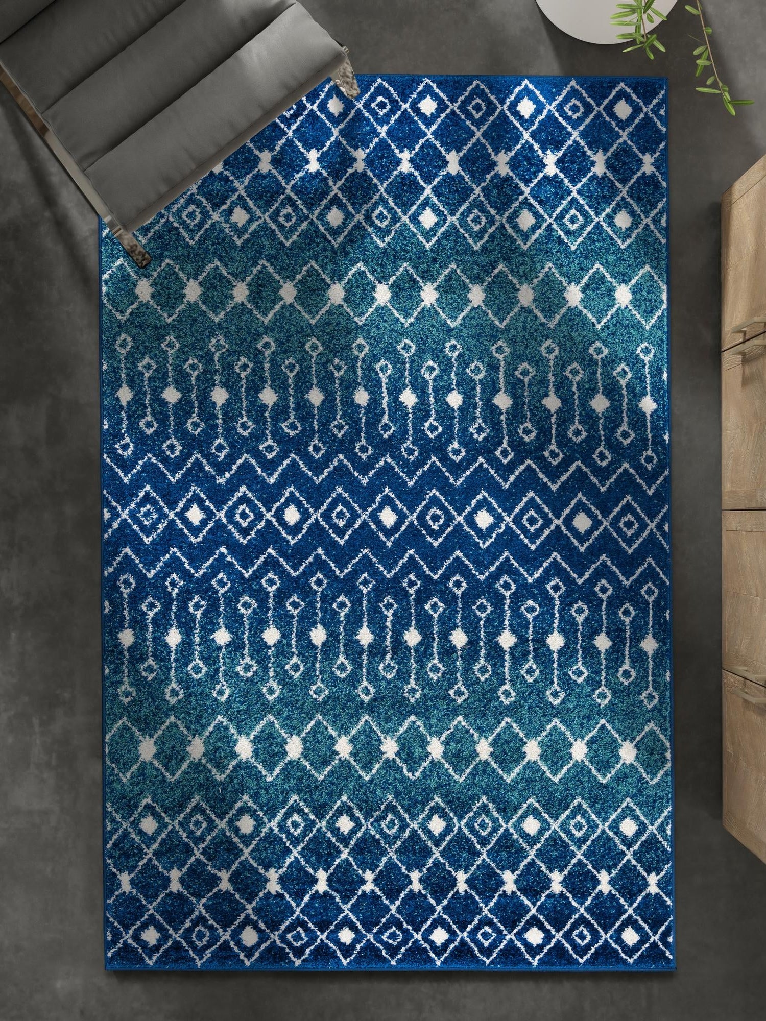 Navy and Teal 4' 1 x 6' 1 Tribal Trellis Rectangle Area Rug Geometric Southwestern Inspired Durable Carpet for Home Interior Design for Sale at Rug Engine